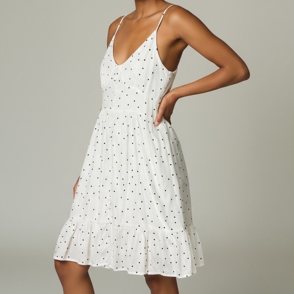 Gilli White‎ Polka Dot Sundress Mini Dress Sleeveless V Neck Summer Casual Small